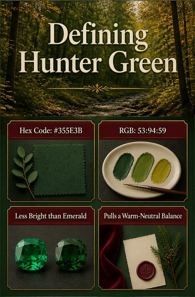 An information image defining the color hunter green for weddings.