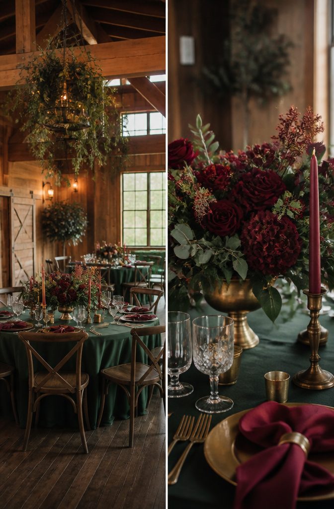 A display of burgundy and hunter green decor from the 1990s.