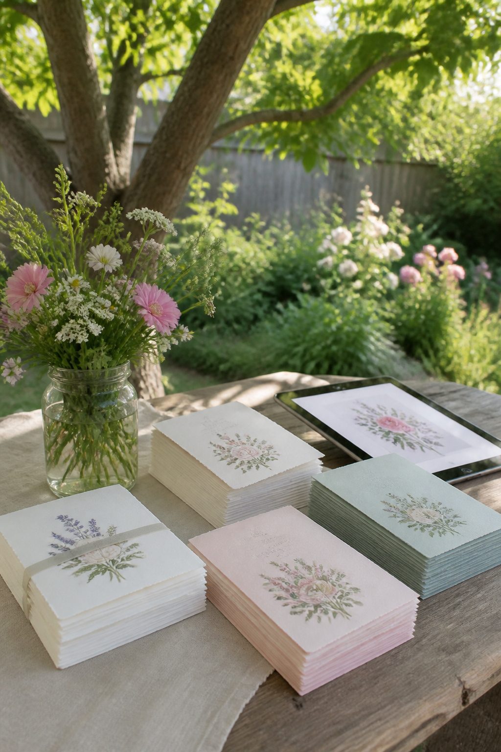 Display of handmade wedding invitations and a vase of flowers.