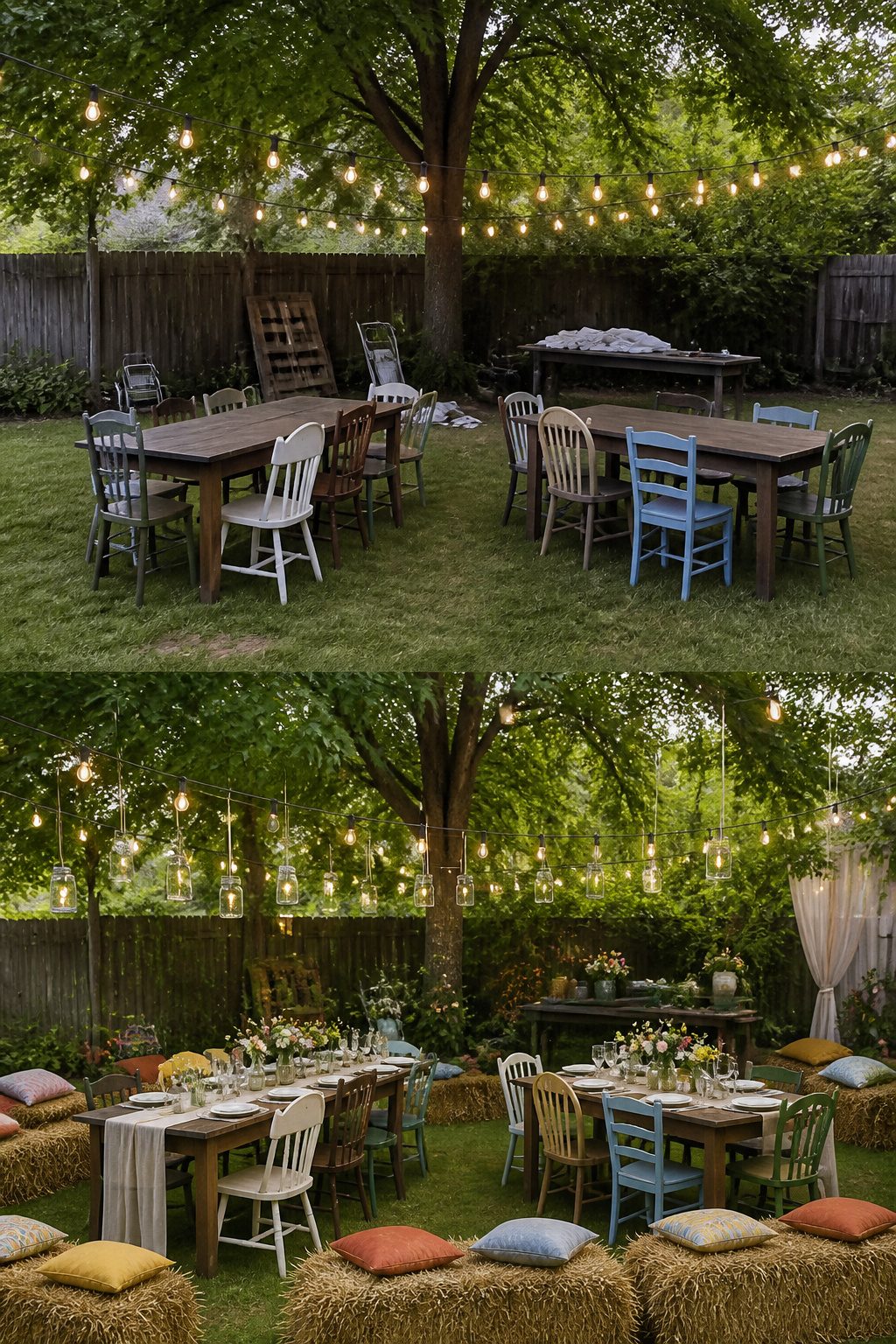 Eclectic seating arrangement with mismatched chairs at a wedding.