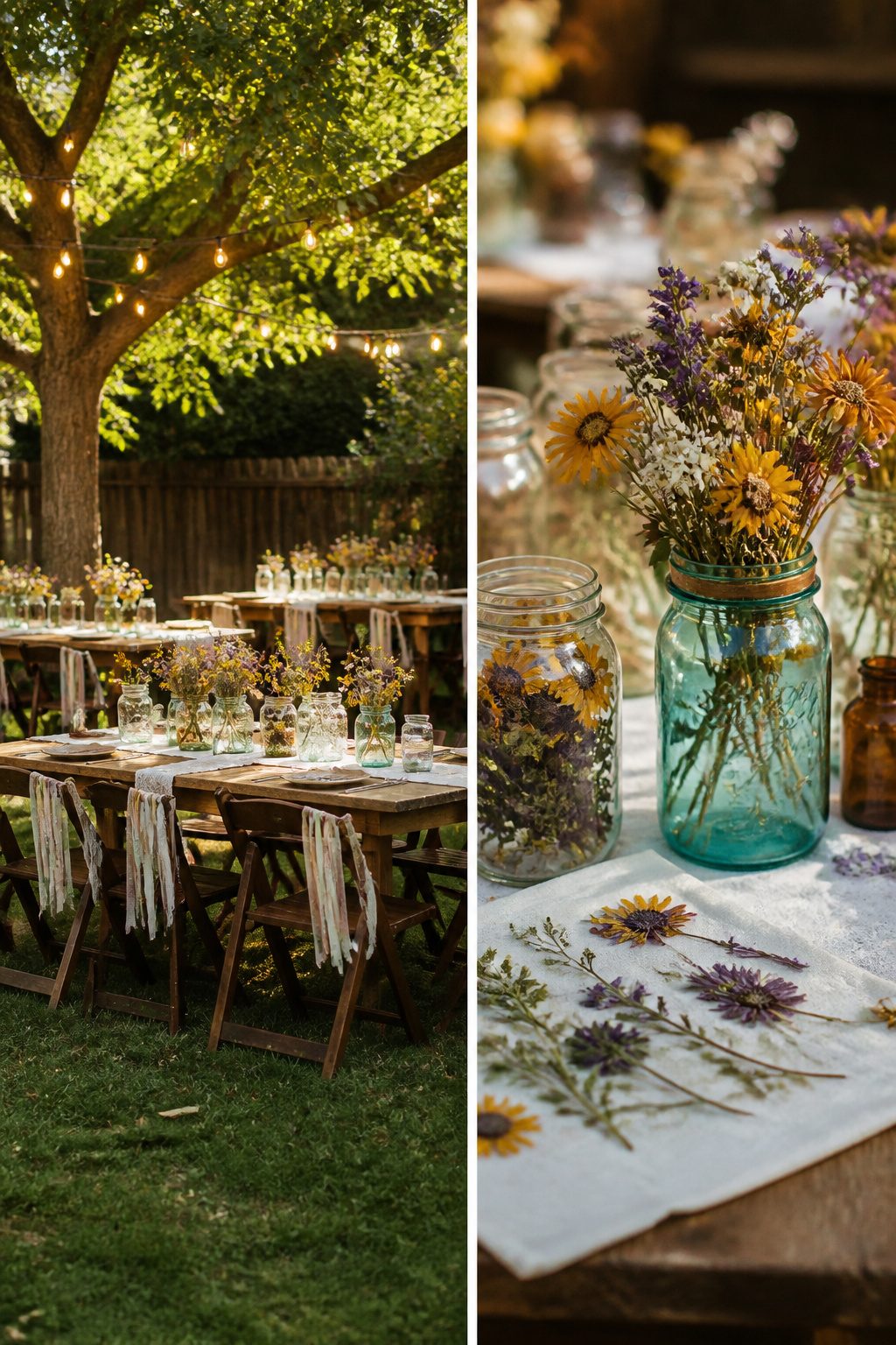 Mismatched glassware and pressed flowers on a table.