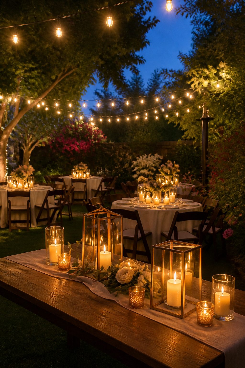 String lights hanging above tables in a backyard setting.