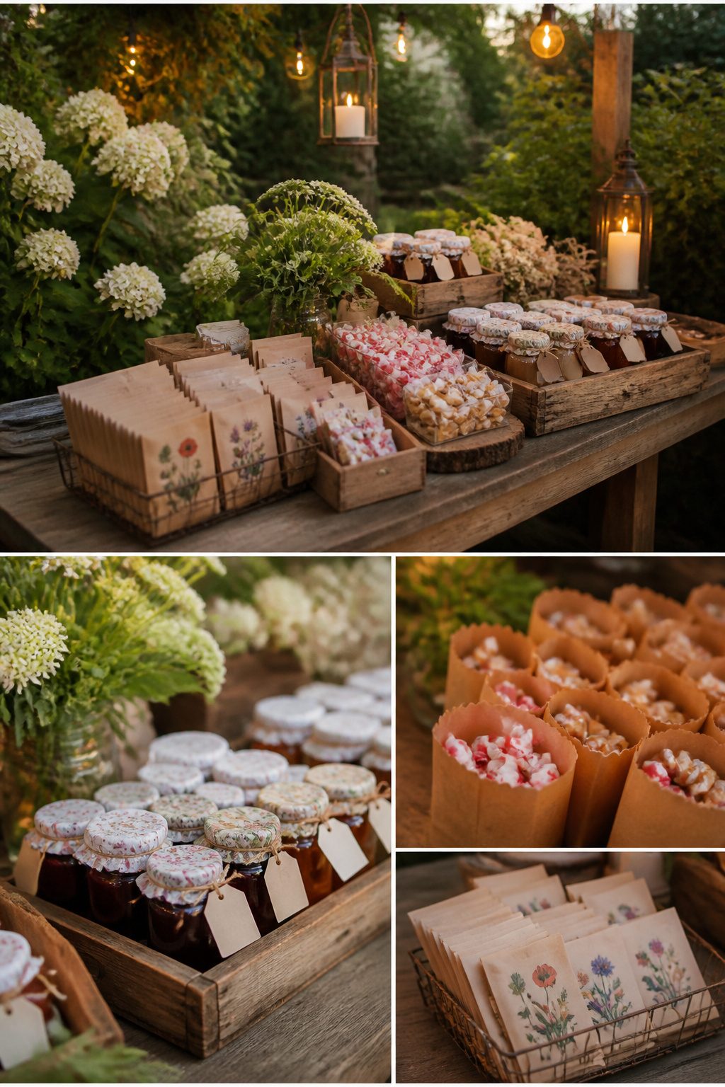 Wedding favors including seed packets and homemade jam jars.