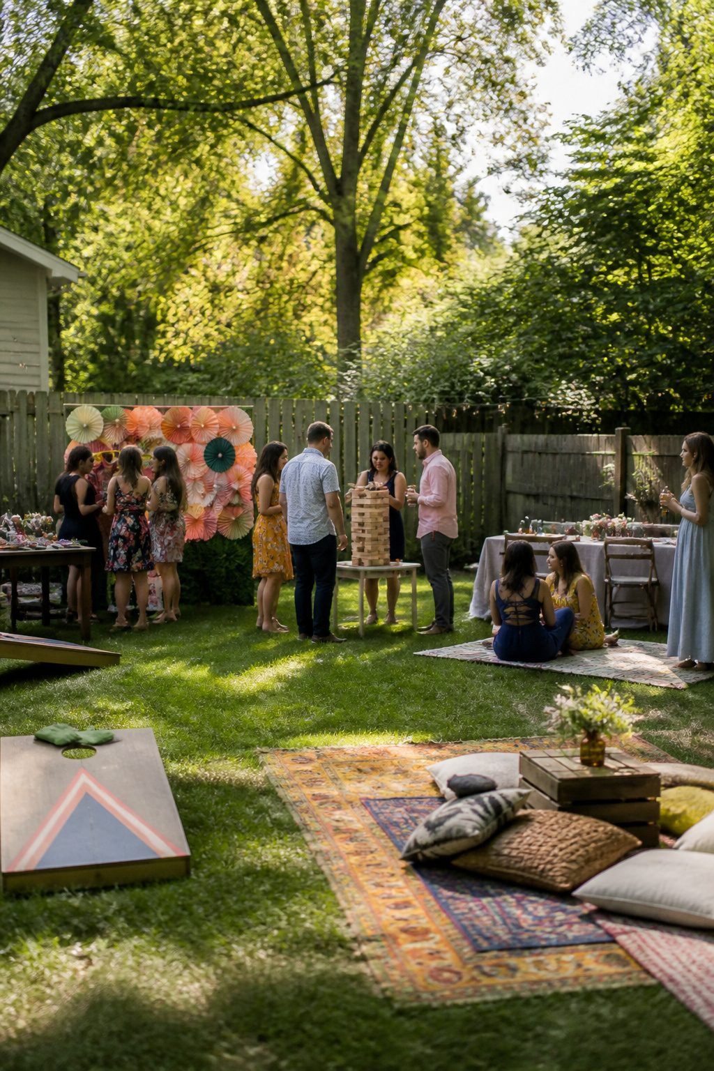 Lawn games including cornhole and giant Jenga set up for guests.