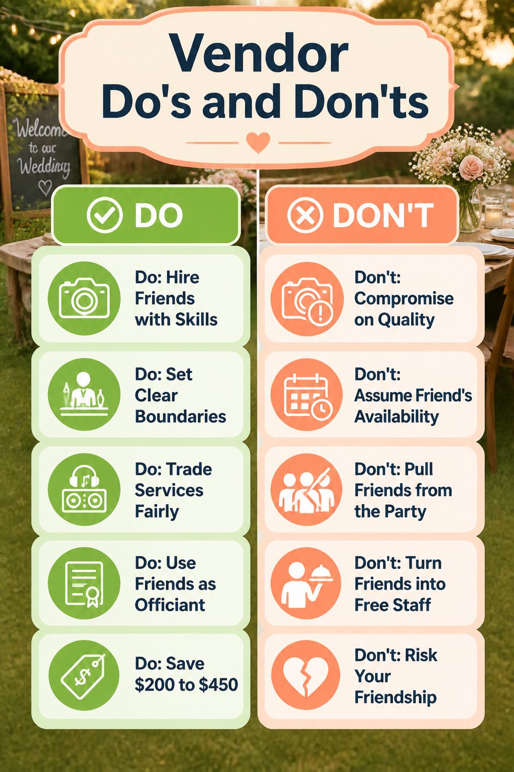 Graphic listing vendor do's and don'ts for weddings.