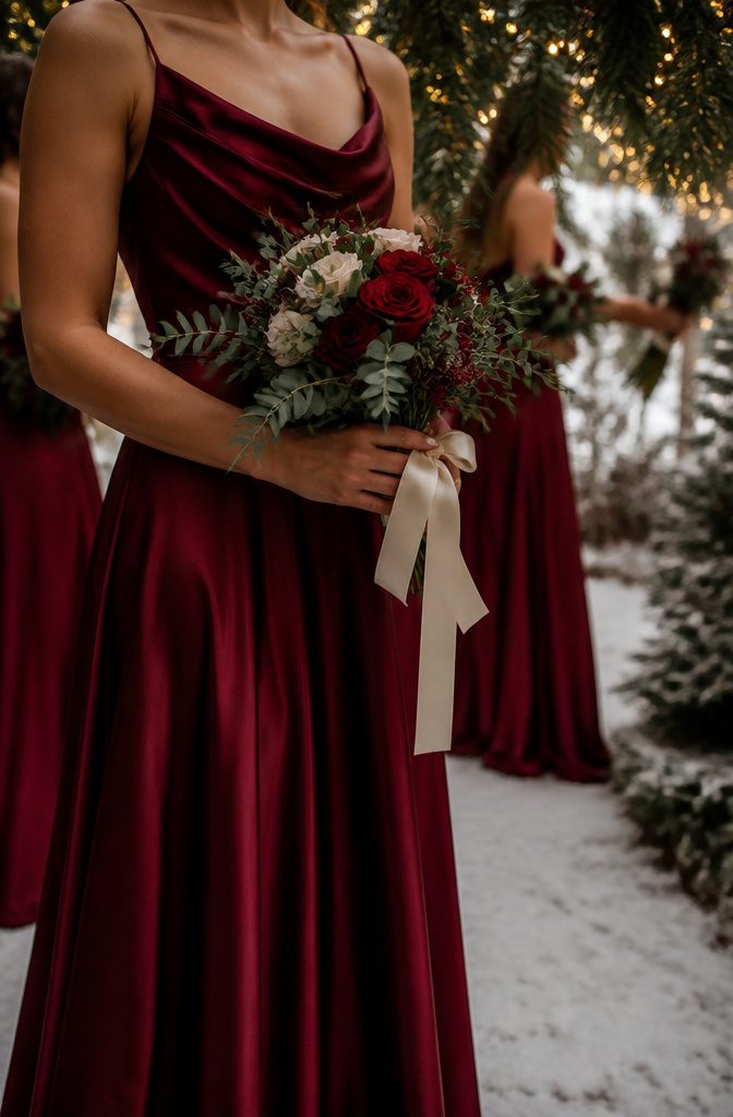 A wedding table decorated with burgundy elements and gold accents.