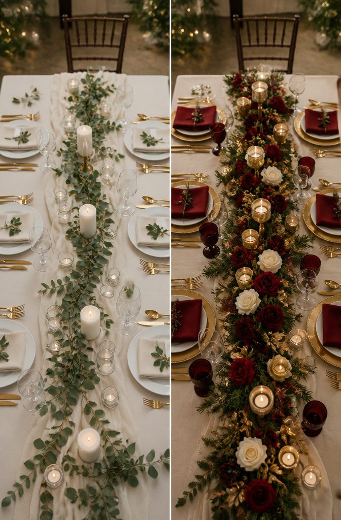 A wedding table featuring burgundy and gold color pairings.