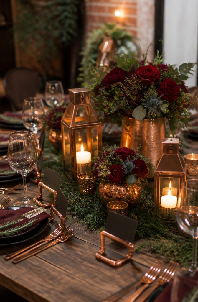 A wedding table featuring copper lanterns and vases with flowers.