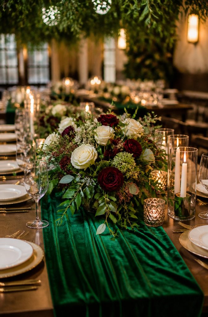 A wedding table adorned with deep green foliage and decor.