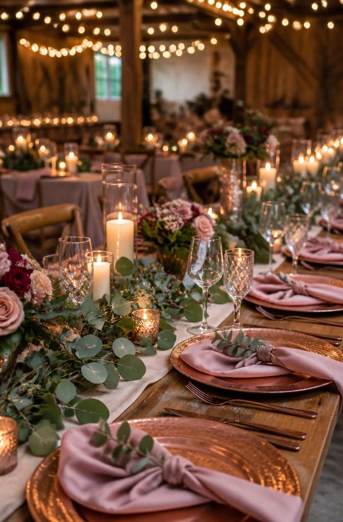 A reception table set with dusty rose napkins and copper chargers.
