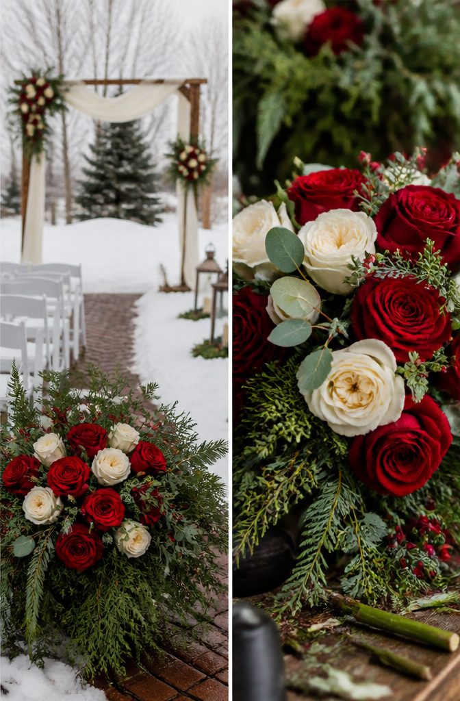 A winter bouquet featuring red roses and seasonal foliage.