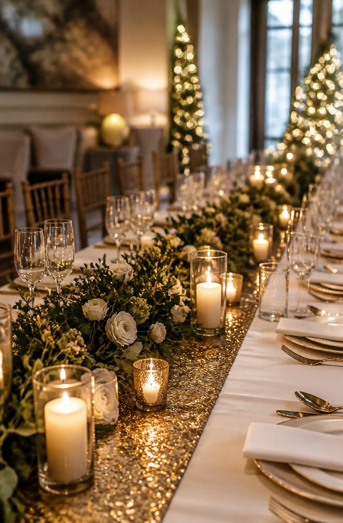 An elegant table with a gold runner on a white tablecloth.