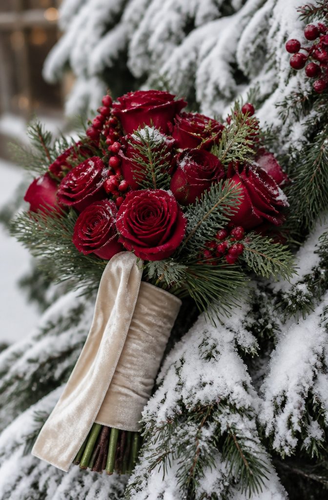 A bridal bouquet with deep red roses and cream ribbon.