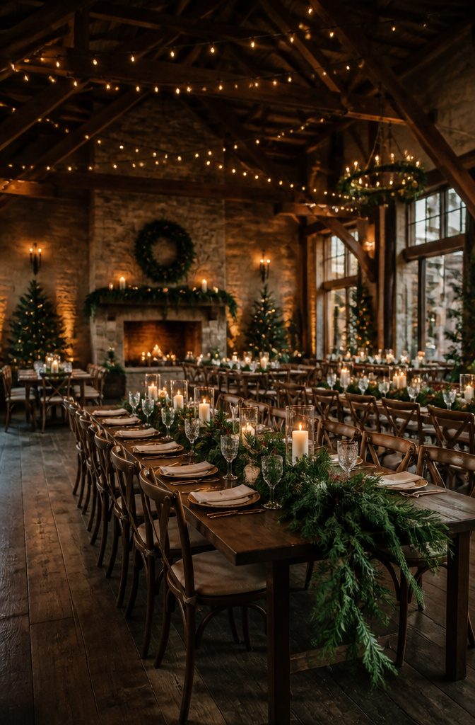 A table decorated with greenery and candles for a winter wedding.