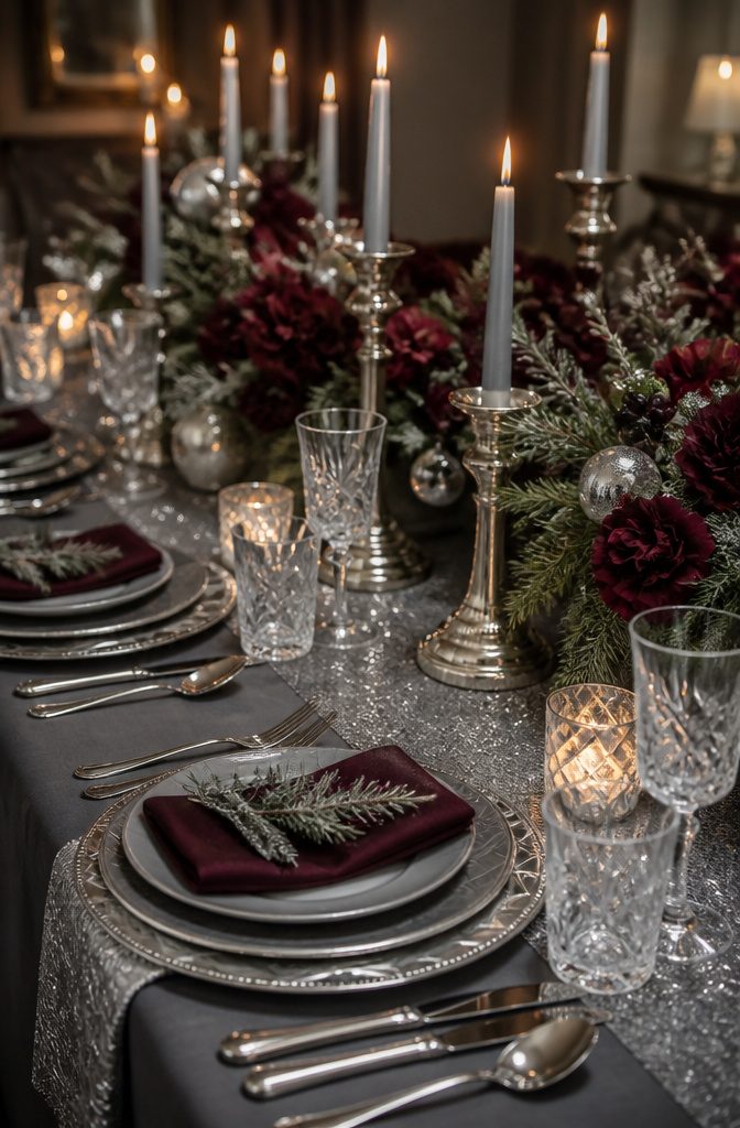 A table set with silver runners and deep green floral arrangements.