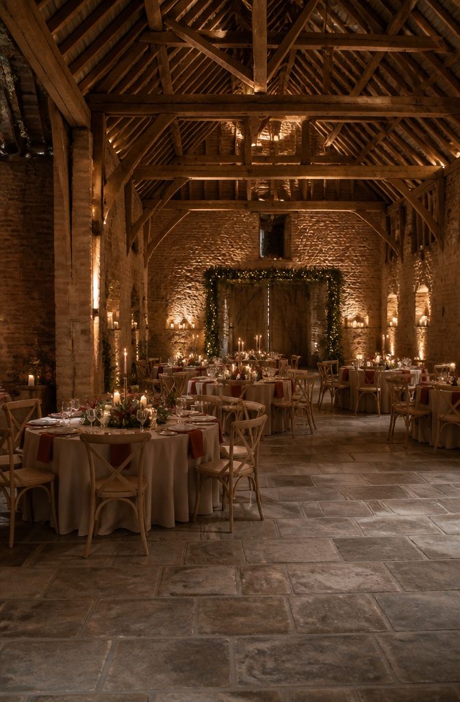 A barn venue decorated for a winter wedding with blush and burgundy.