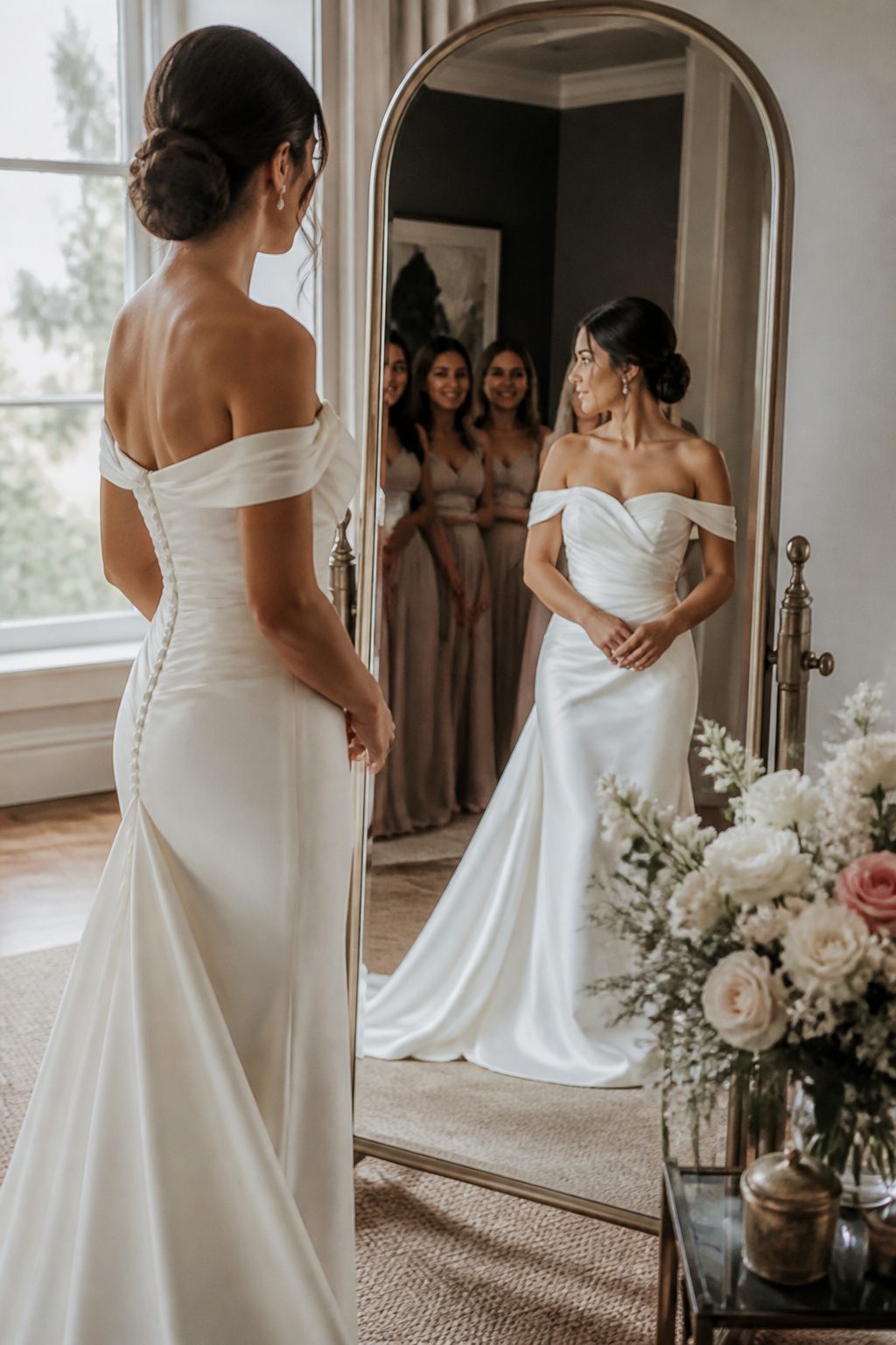 10 Cool Wedding Photo Ideas for Your 2026 Shot List 7 Bride standing next to a vintage mirror, reflecting her profile.