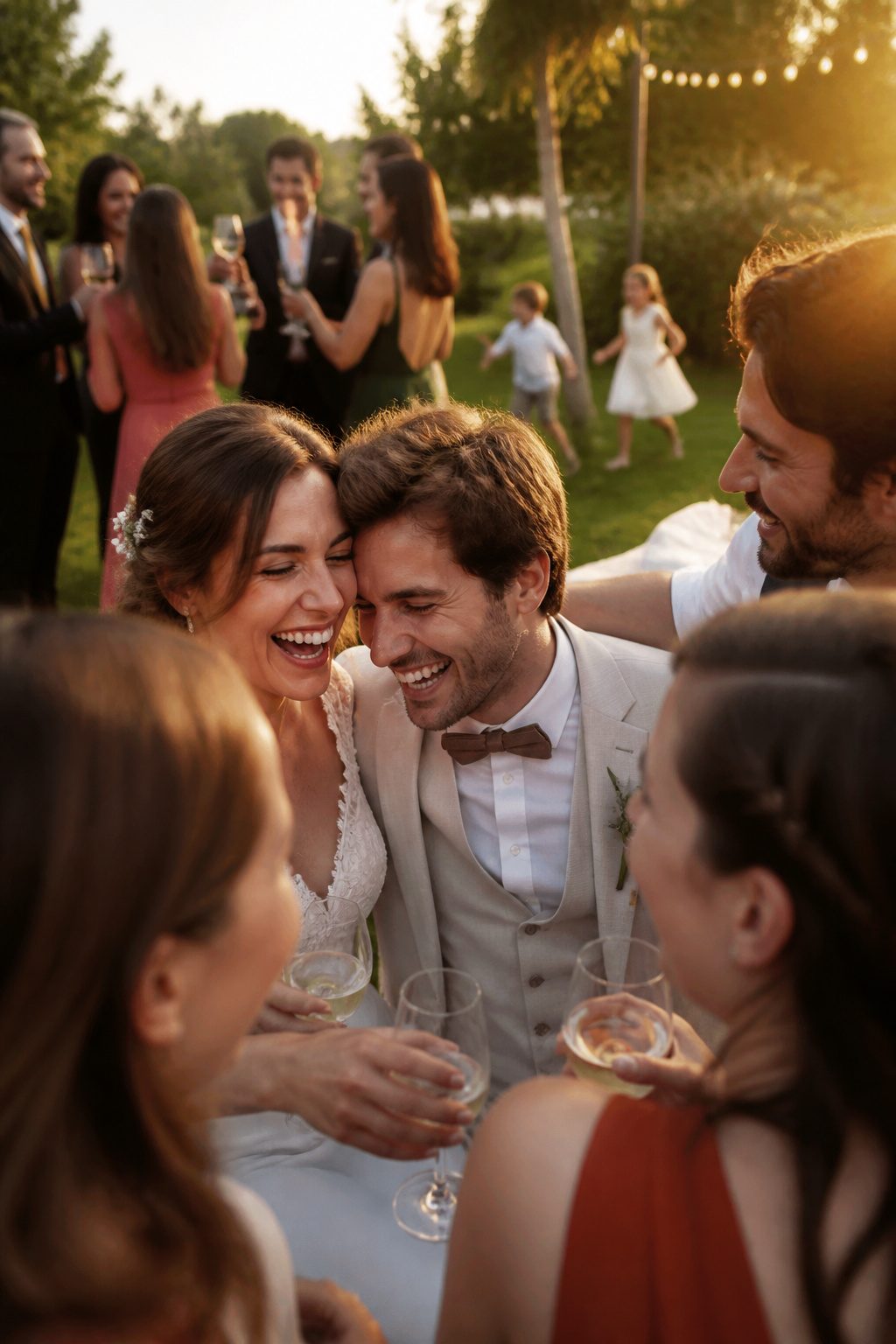 10 Cool Wedding Photo Ideas for Your 2026 Shot List 3 Newlyweds sharing a laugh with guests at their wedding reception.
