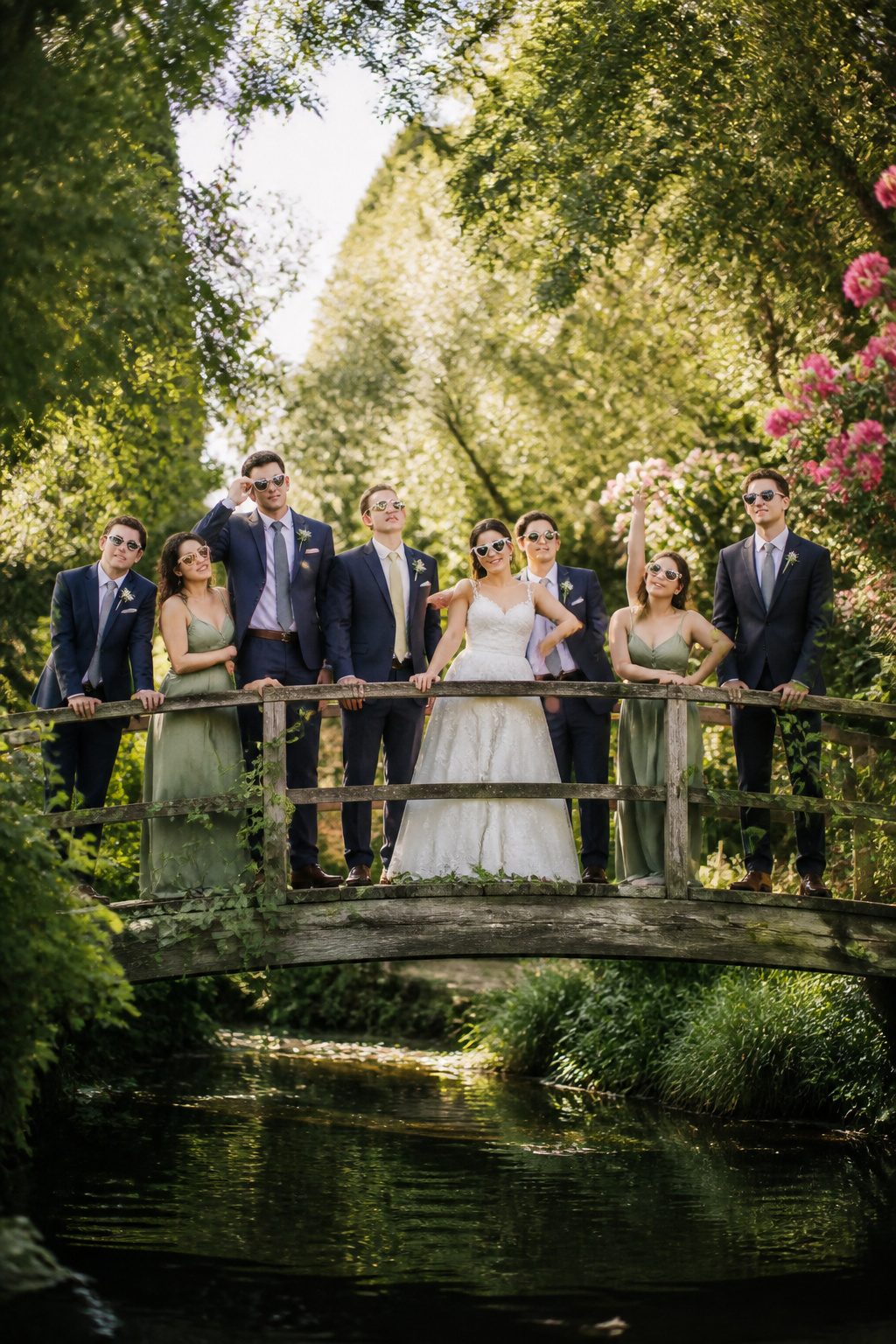 10 Cool Wedding Photo Ideas for Your 2026 Shot List 4 A wedding party posing playfully with props in a garden setting.