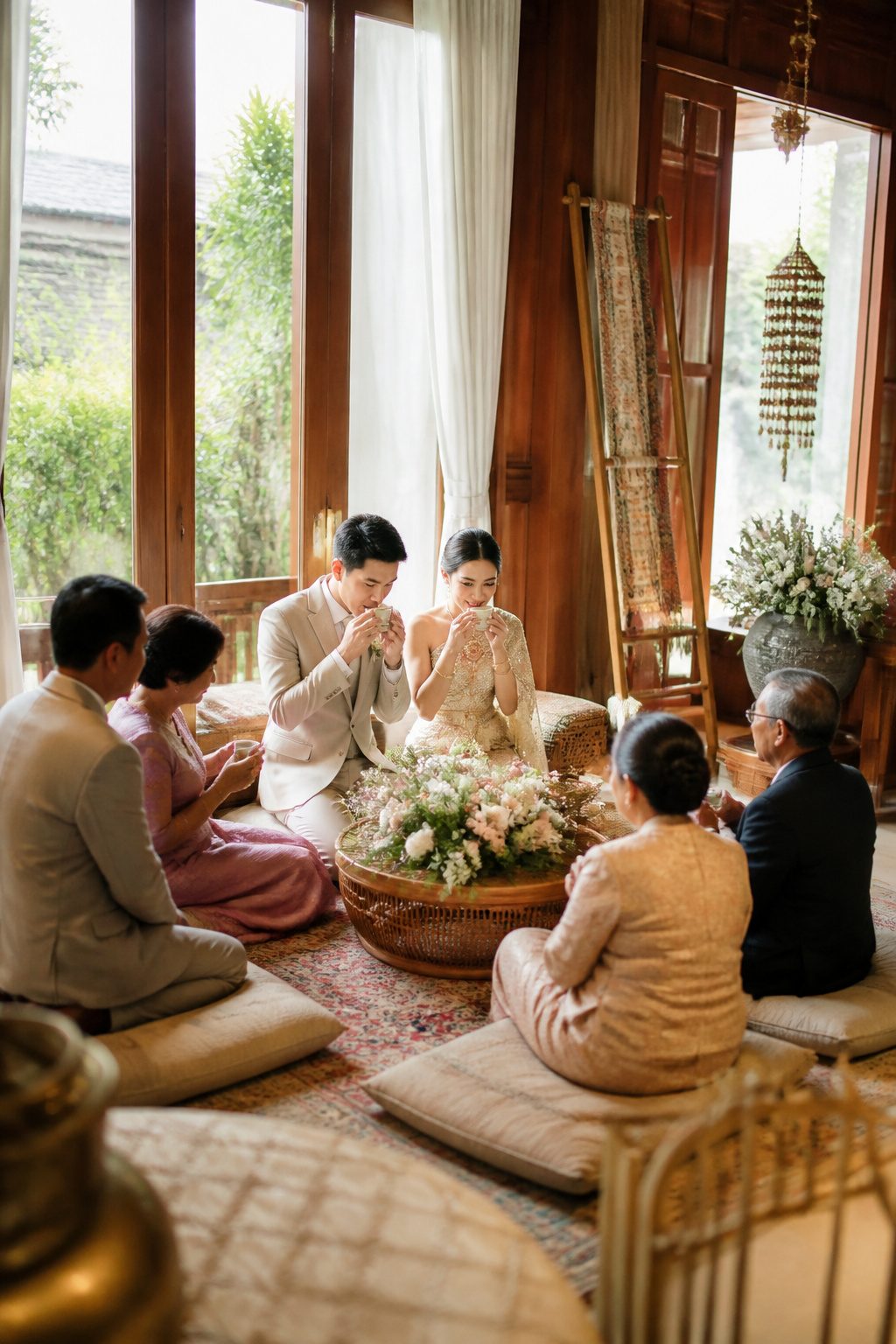 10 Cool Wedding Photo Ideas for Your 2026 Shot List 17 Couple engaged in a tea ceremony surrounded by family.