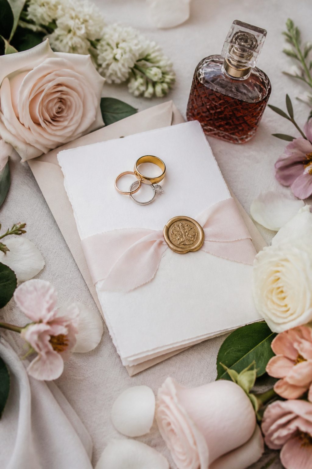 10 Cool Wedding Photo Ideas for Your 2026 Shot List 10 Wedding rings and invitation suite arranged in a flat lay.