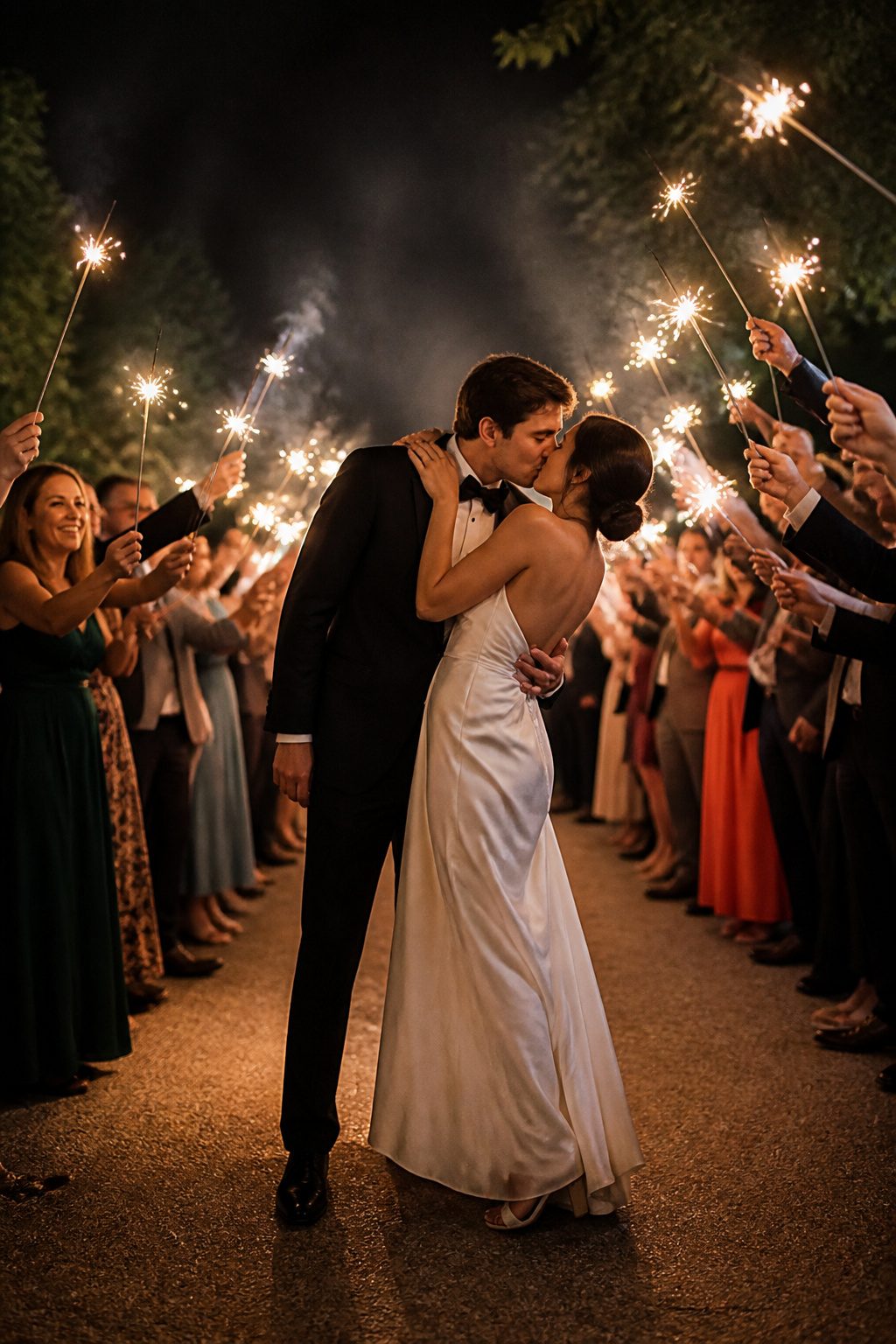 10 Cool Wedding Photo Ideas for Your 2026 Shot List 9 Couple exiting surrounded by guests holding sparklers.