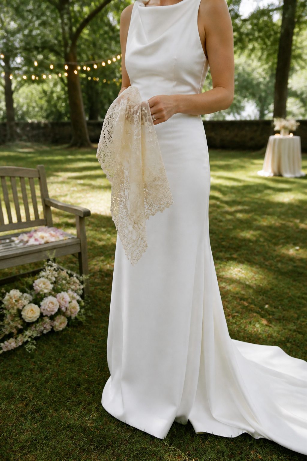 10 Cool Wedding Photo Ideas for Your 2026 Shot List 12 Bride holding a grandmother's handkerchief as her wedding bouquet.