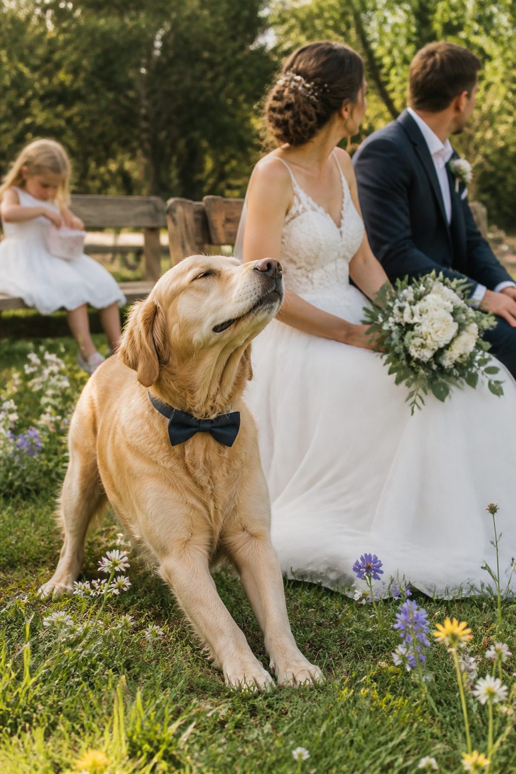 10 Cool Wedding Photo Ideas for Your 2026 Shot List 16 A dog dressed in a bow tie at a wedding ceremony.