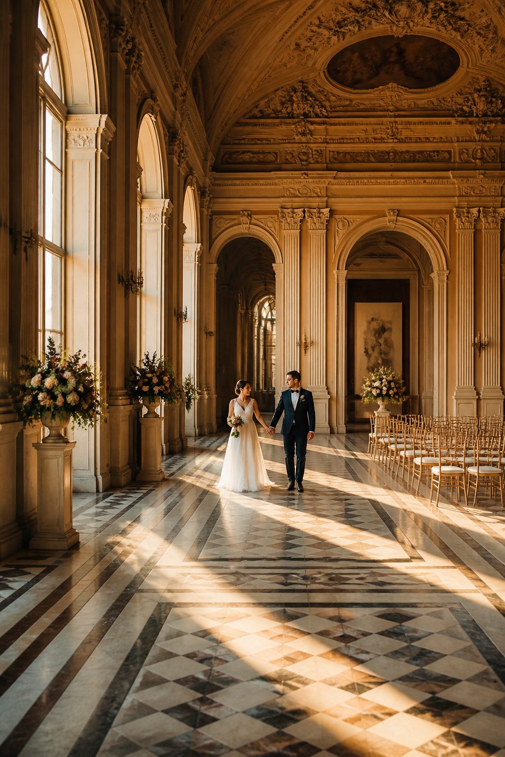 10 Cool Wedding Photo Ideas for Your 2026 Shot List 6 A couple posing against a stunning architectural backdrop.