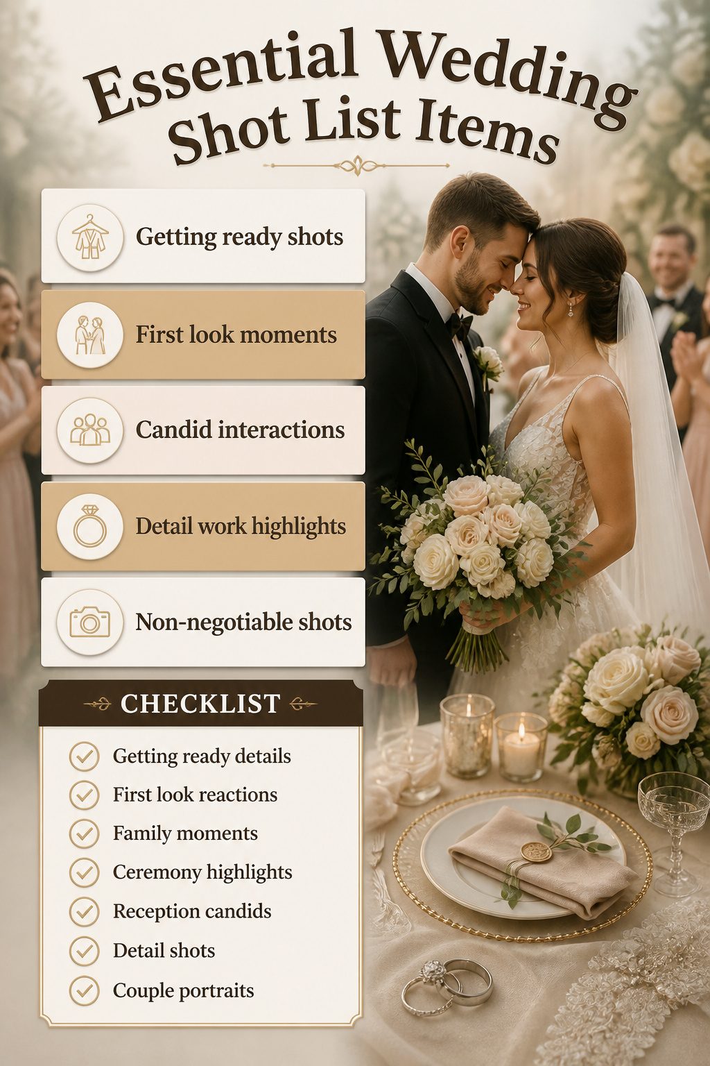 10 Cool Wedding Photo Ideas for Your 2026 Shot List 11 A visual guide to essential wedding shot list items.