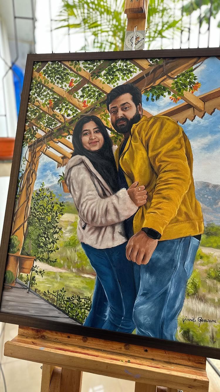 An oil painting of a smiling couple standing together under a wooden pergola with mountains behind them.