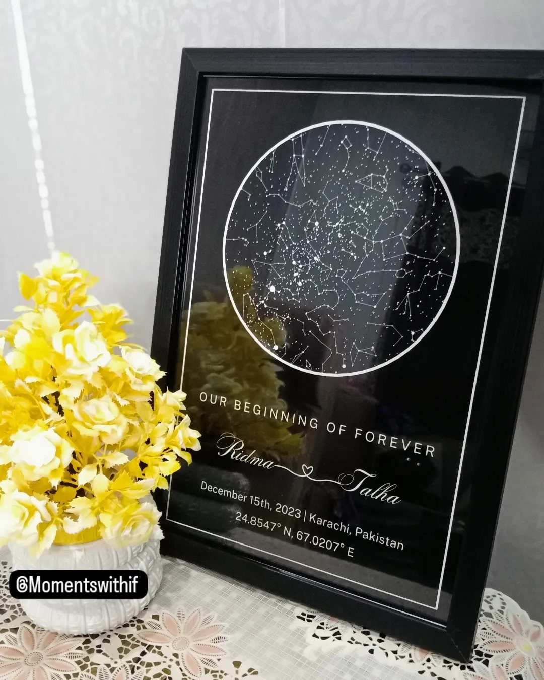 A black framed custom star map print with white constellations and personalized text next to yellow flowers.
