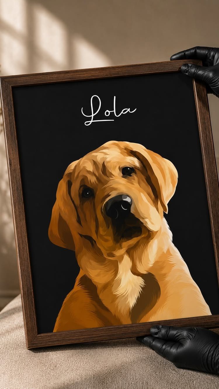 A framed digital portrait of a golden Labrador dog with the name Lola written above it.