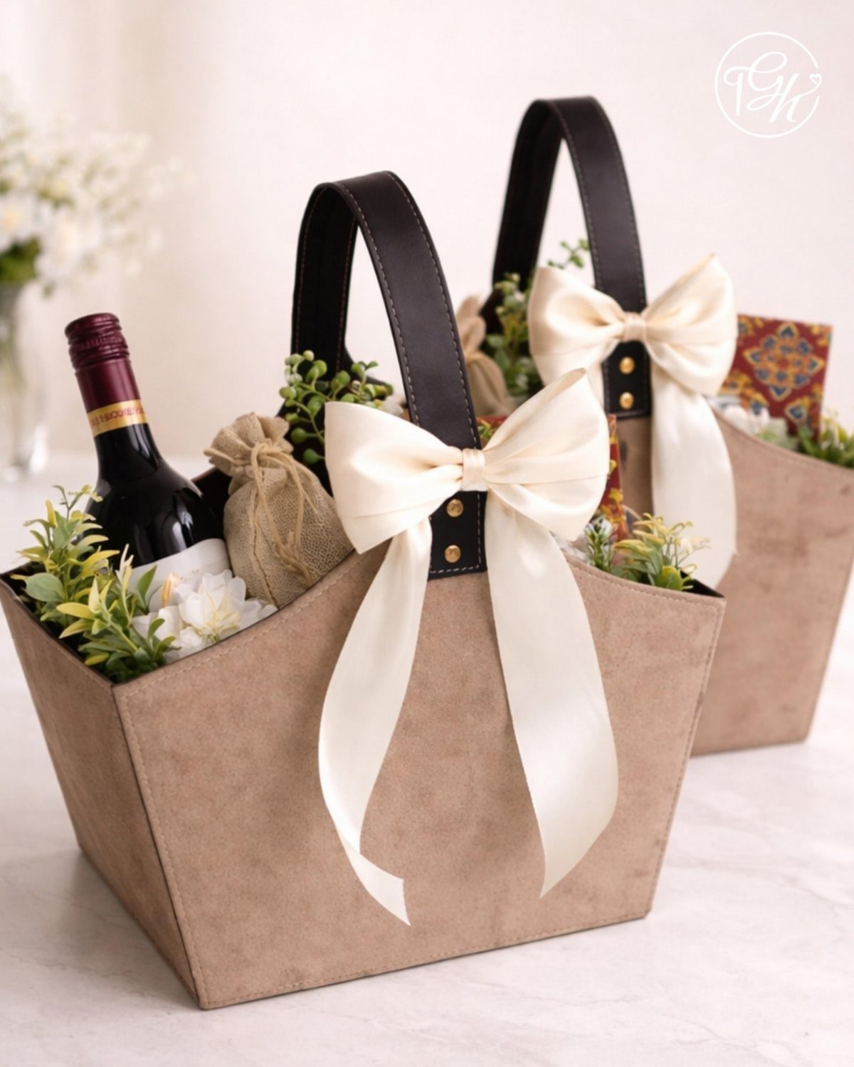 Two tan gift totes filled with wine and greenery, decorated with large white bows.