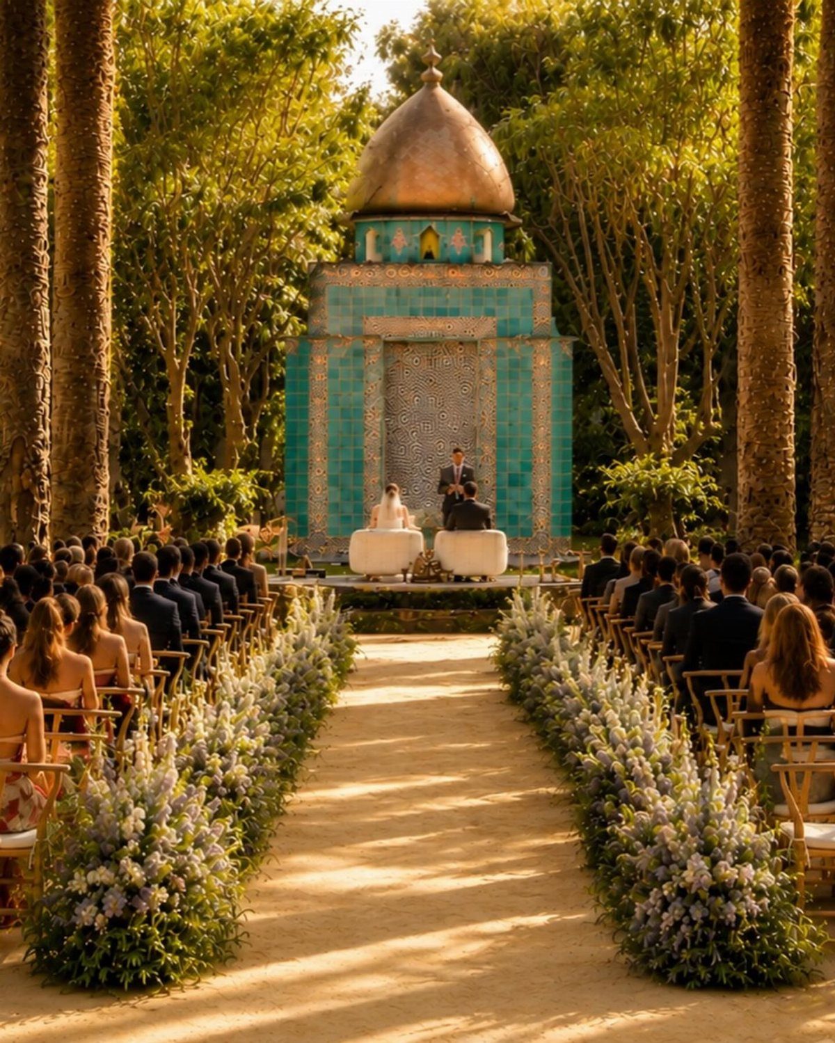 Wedding guests seated in a garden aisle facing a ceremony under a turquoise domed structure.