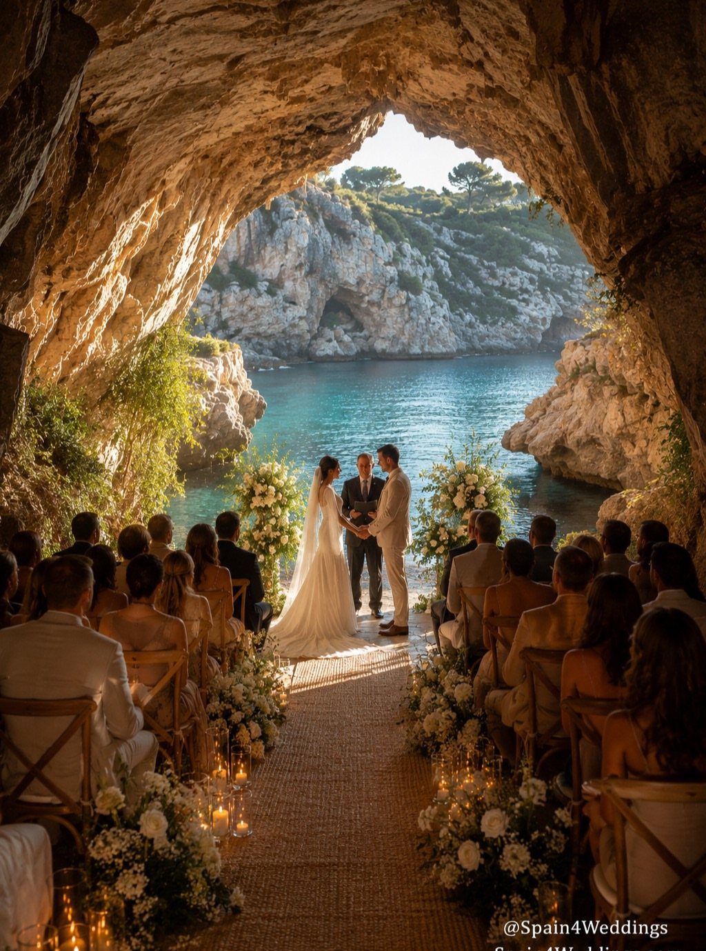 A bride and groom exchange vows inside a scenic sea cave overlooking the ocean.