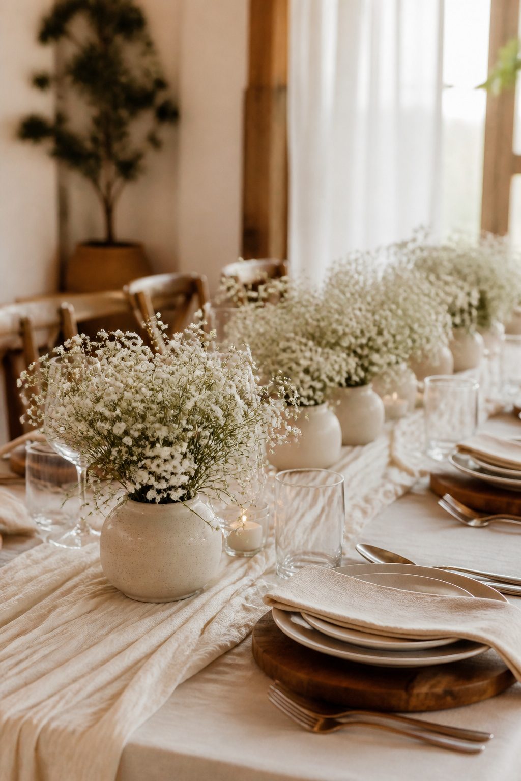 10 Fall Wedding Table Decor Ideas for Your 2026 Celebration 3 Ceramic bud vases with clusters of baby's breath on a dining table.