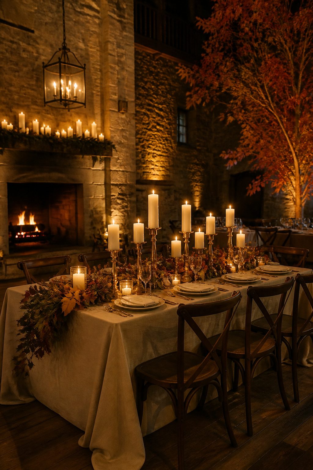 10 Fall Wedding Table Decor Ideas for Your 2026 Celebration 4 Cream pillar candles on a table with soft autumn linens.