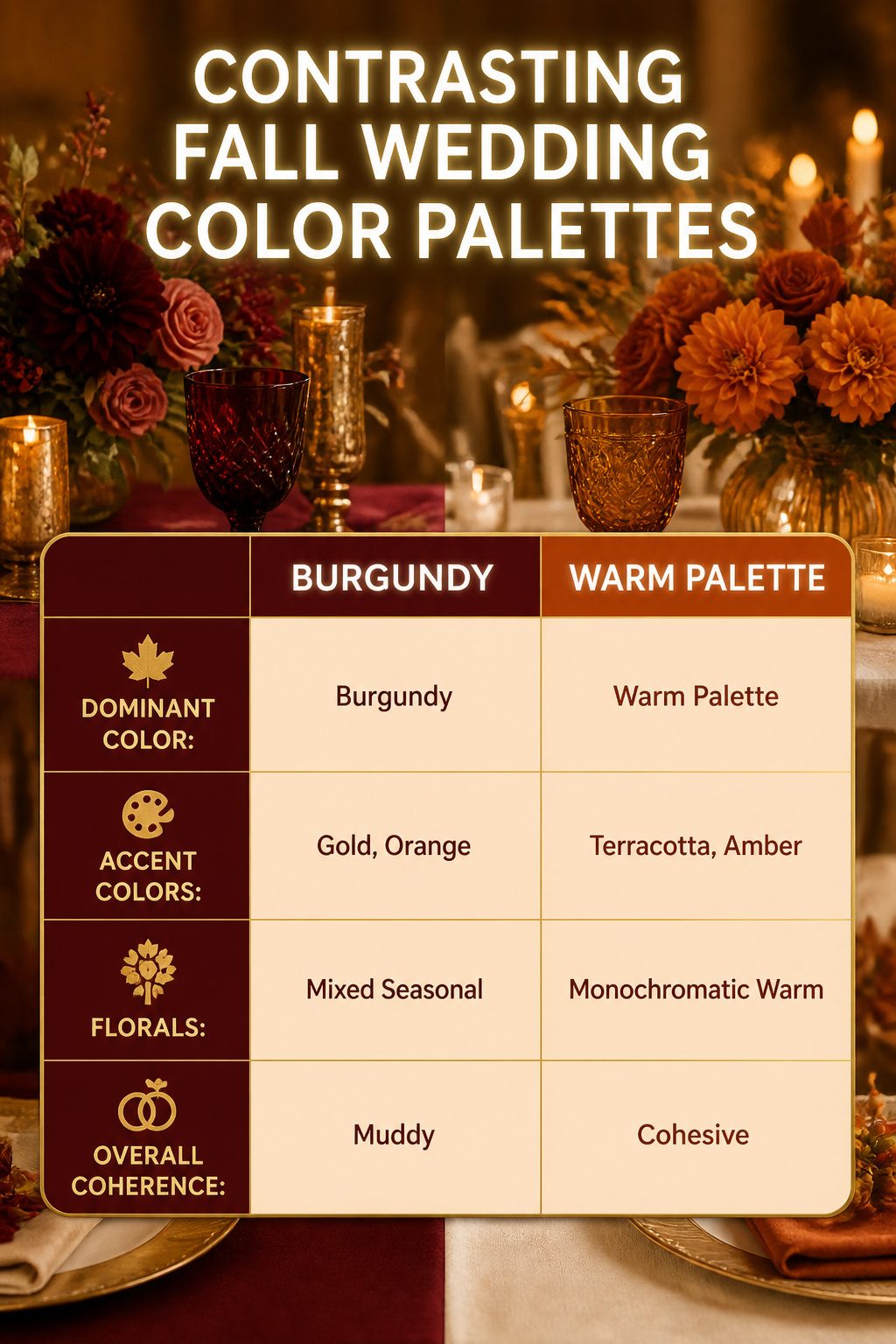 10 Fall Wedding Table Decor Ideas for Your 2026 Celebration 11 A table with burgundy and ivory linens and floral arrangements.