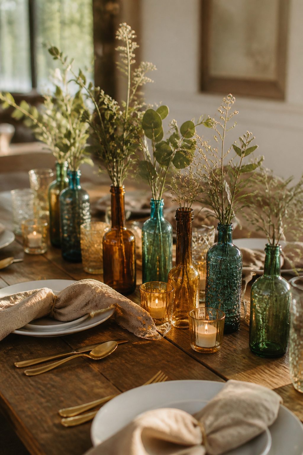 10 Fall Wedding Table Decor Ideas for Your 2026 Celebration 2 An arrangement of colored glass bottles with greenery on a table.