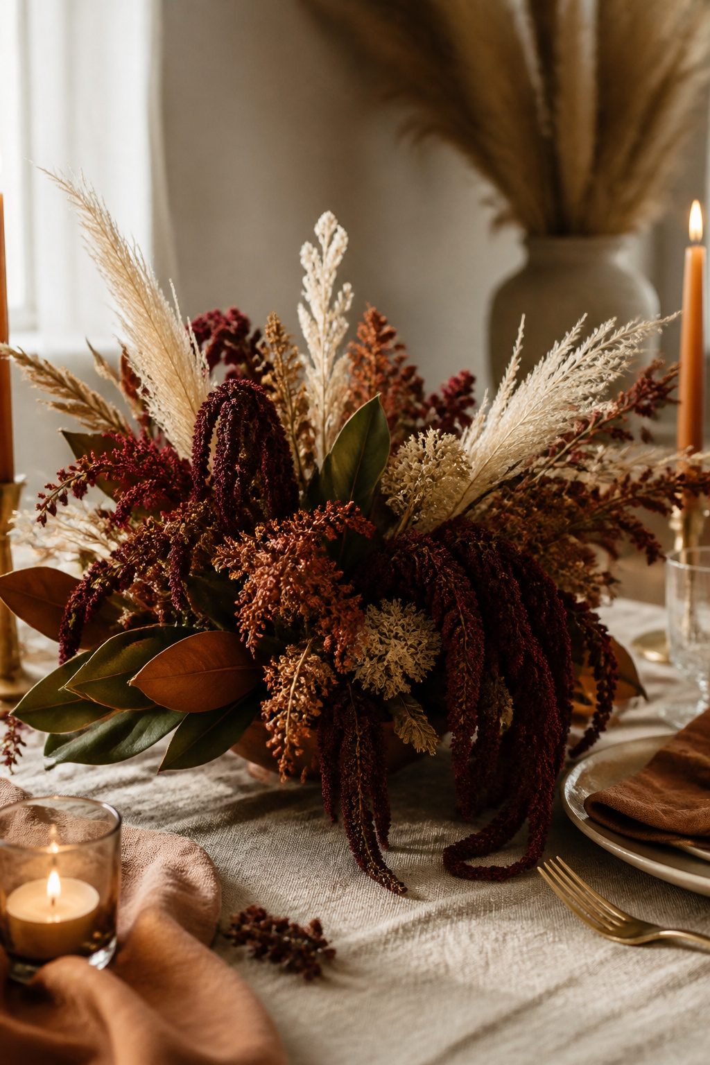 10 Fall Wedding Table Decor Ideas for Your 2026 Celebration 7 Dried floral arrangements on a fall wedding table.