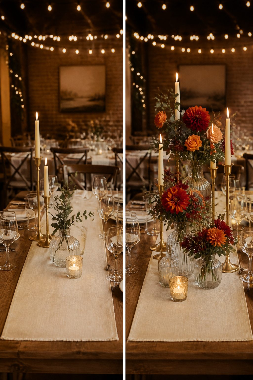 10 Fall Wedding Table Decor Ideas for Your 2026 Celebration 13 Centerpieces of different heights arranged on a wedding table.