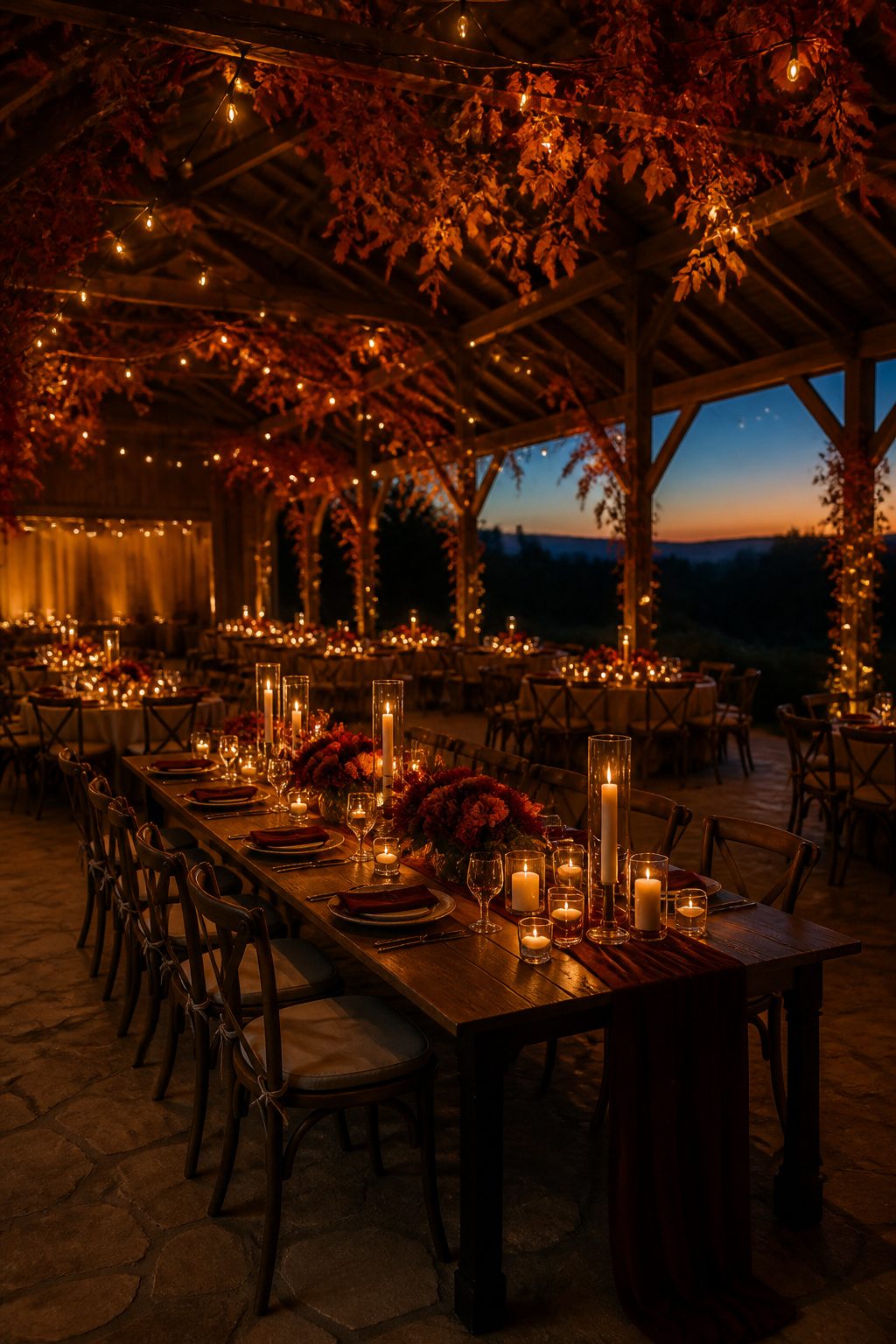 10 Fall Wedding Table Decor Ideas for Your 2026 Celebration 14 Various candles illuminating a fall wedding table at dusk.