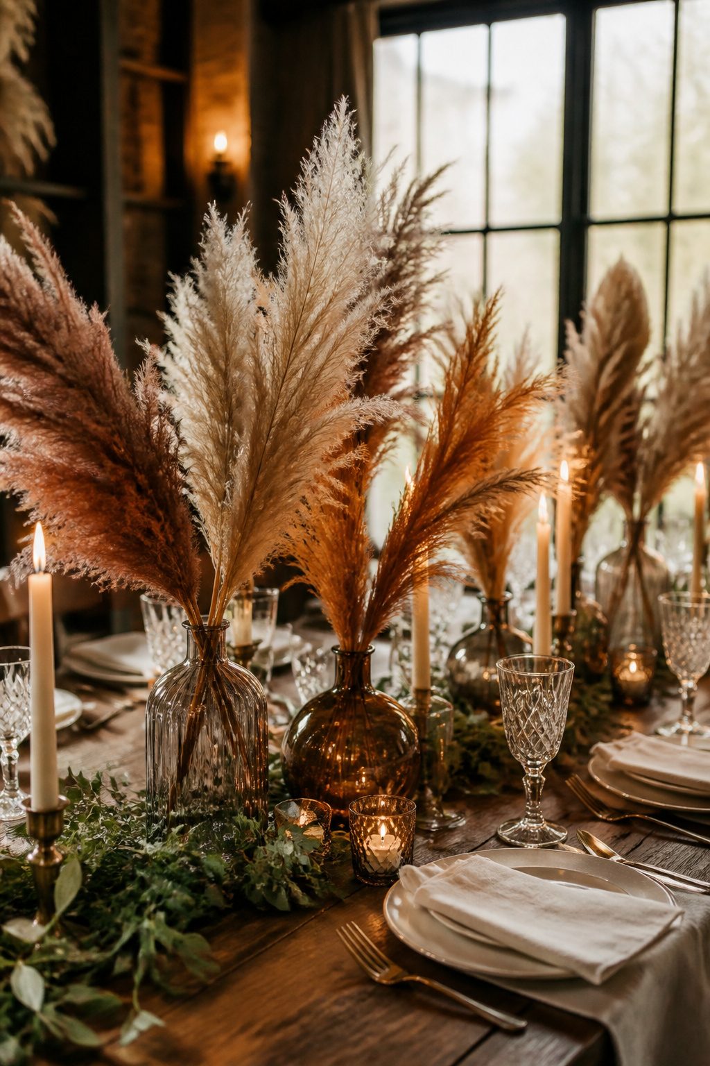 10 Fall Wedding Table Decor Ideas for Your 2026 Celebration 1 Pampas grass in tinted glass vases on a wedding table.