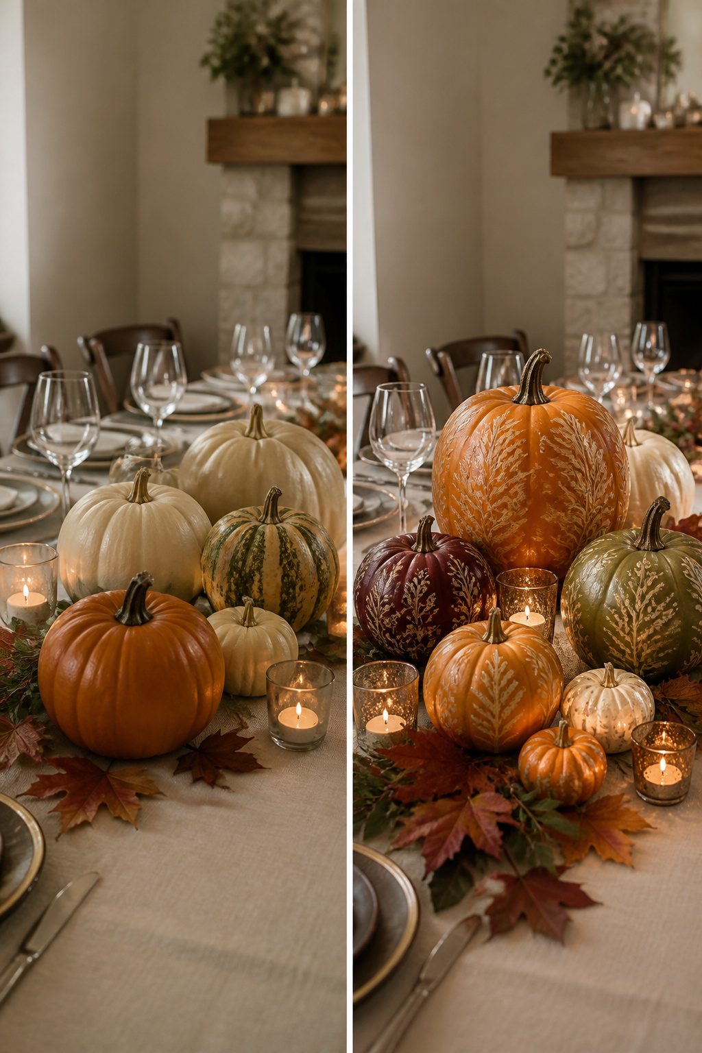 10 Fall Wedding Table Decor Ideas for Your 2026 Celebration 9 Decorative pumpkins of different sizes and colors on a table.