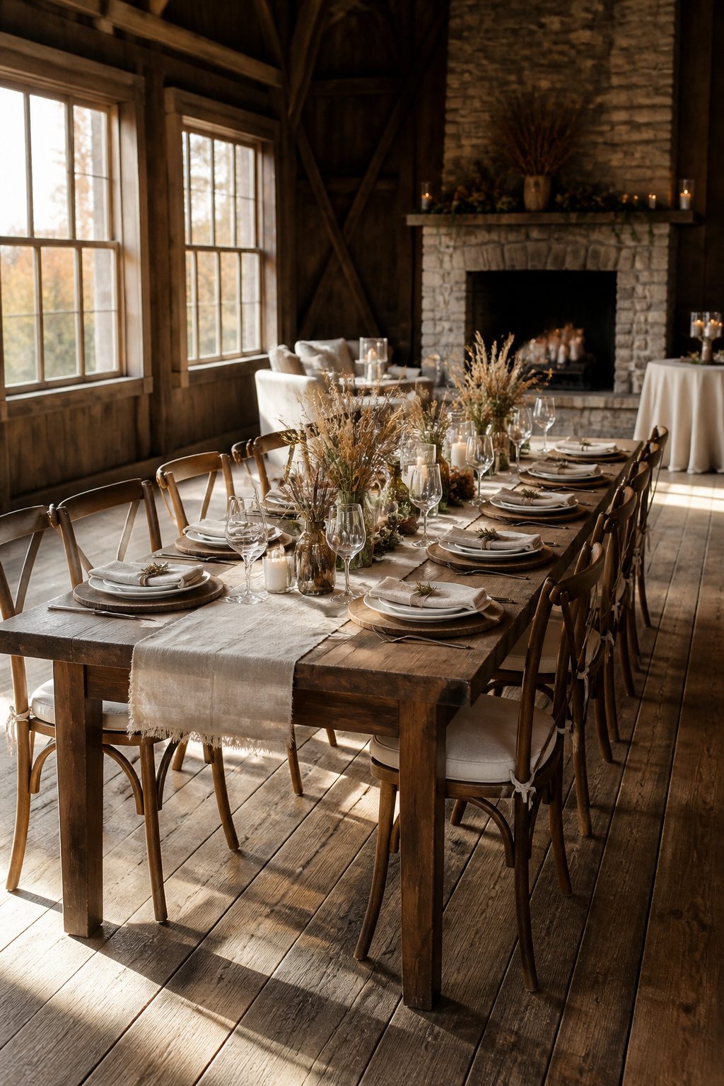10 Fall Wedding Table Decor Ideas for Your 2026 Celebration 6 Wooden chargers paired with ceramic plates on a wedding table.