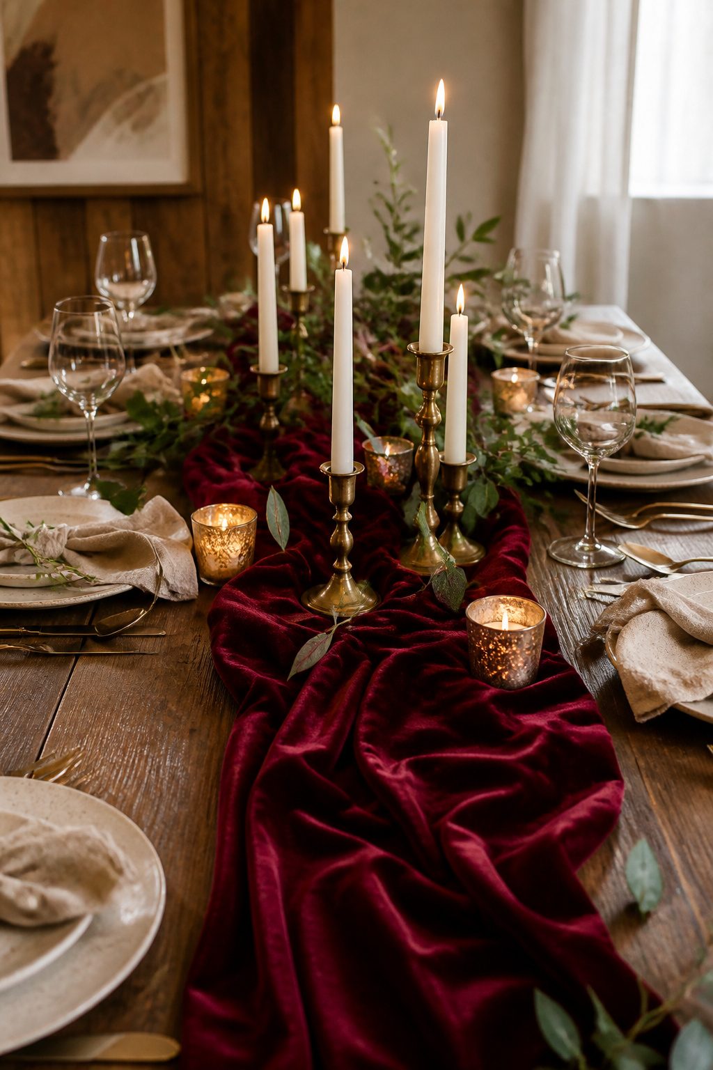 10 Fall Wedding Table Decor Ideas for Your 2026 Celebration 8 Burgundy velvet table runner on a rustic wooden table.