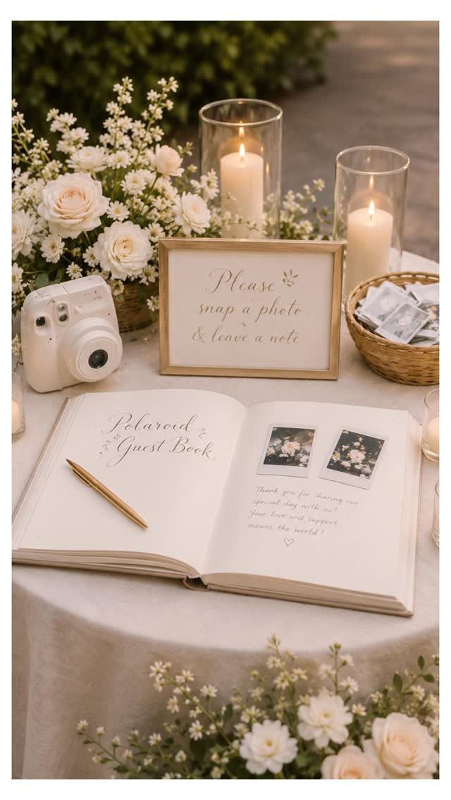A wedding guest book setup with an instant camera, open book, and floral decorations.