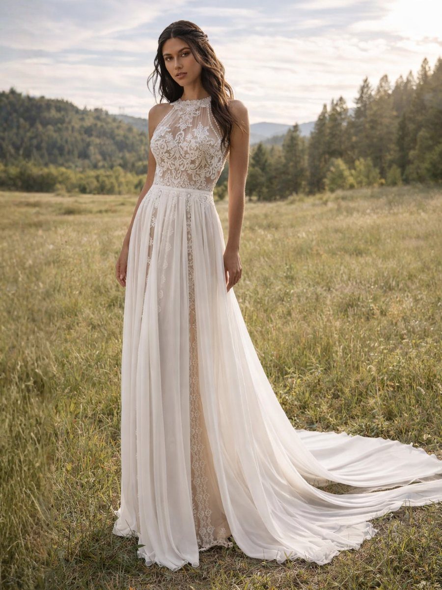 A woman in a lace and flowing white wedding dress standing in a grassy field.