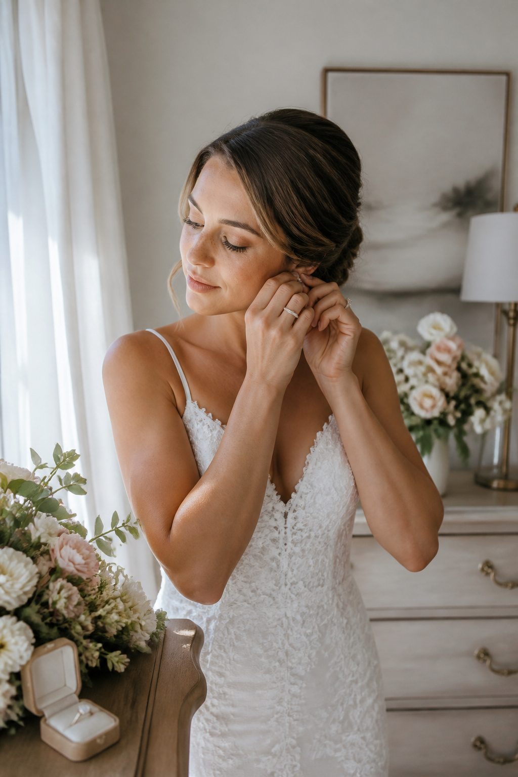 A bride preparing for her wedding with a no-foundation makeup look.